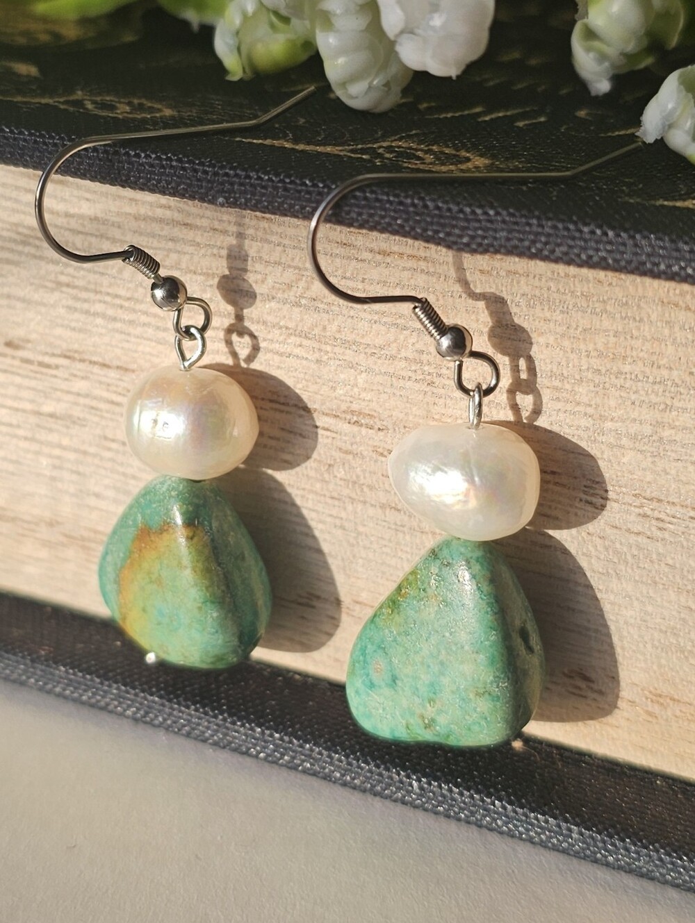 Genuine Turquoise & 13mm Baroque Pearl Earrings-french Vintage /Boho Style